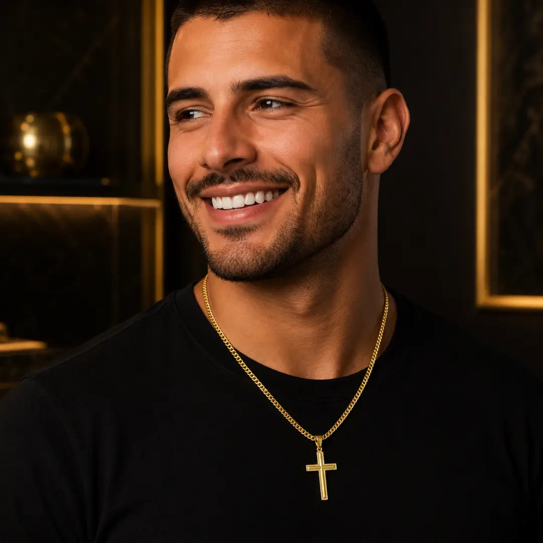 Corrente Grumet Dupla Lacraia Masculina + Pingente Cruz Detalhada Banhados a Ouro 18k