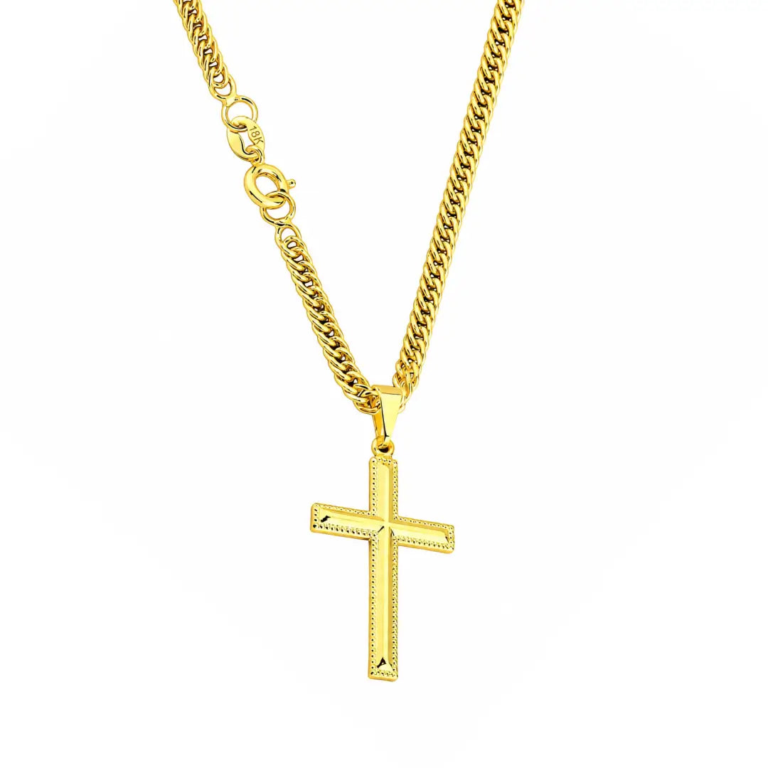 Corrente Grumet Dupla Lacraia Masculina + Pingente Cruz Detalhada Banhados a Ouro 18k