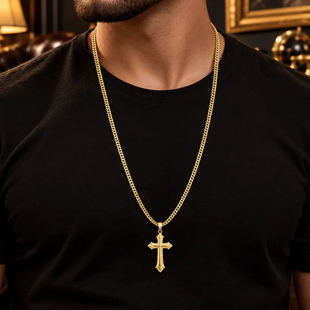 Homem usando colar masculino Grumet Dupla Lacraia com Cruz