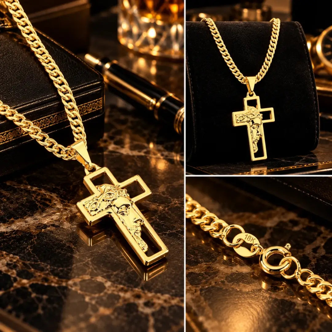 Acabamento dourado do colar masculino Cruz Face de Cristo