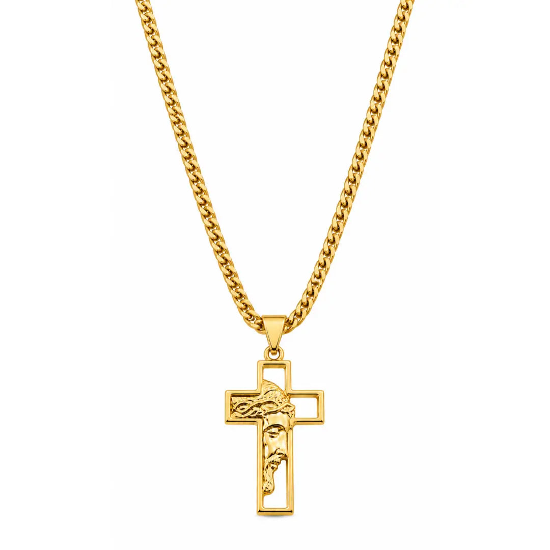 Colar masculino Cruz Face de Cristo com corrente Grumet Dupla Lacraia banhada a ouro 18K