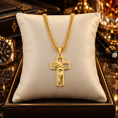 Colar masculino Cruz Face de Cristo banhado a ouro 18K para presente