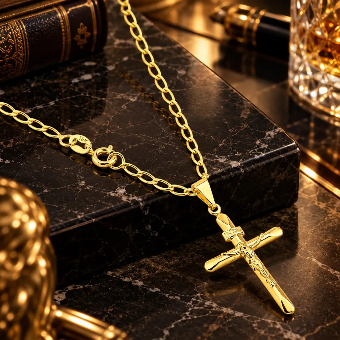 Vista superior da corrente grumet longa banhada a ouro 18k com fecho boia redondo com gravação 18K e pingente de crucifixo com a inscrição INRI sobre mármore.