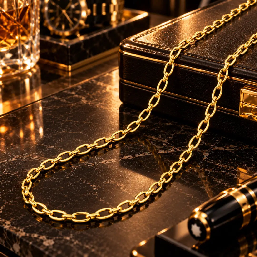 Detalhe dos elos ovais e alongados da corrente masculina grumet longa banhada a ouro 18k disposta sobre bancada de mármore escura.