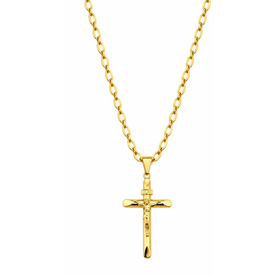 Foto de produto em fundo branco destacando o Colar Masculino Corrente Grumet Longa Com Pingente INRI Banhada a Ouro 18k por inteiro.