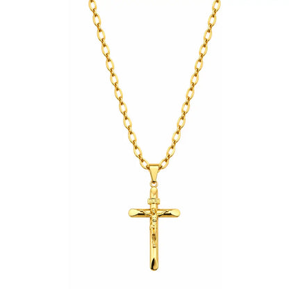 Foto de produto em fundo branco destacando o Colar Masculino Corrente Grumet Longa Com Pingente INRI Banhada a Ouro 18k por inteiro.