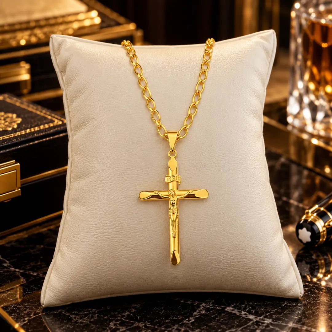 Colar masculino banhado a ouro 18k com corrente grumet longa e pingente de crucifixo INRI apoiado sobre uma almofada clara de veludo.