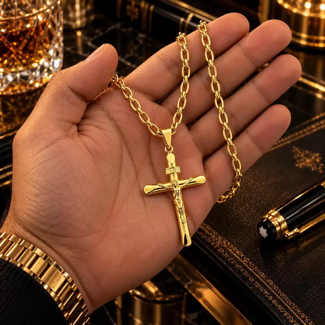 Mão masculina segurando o colar banhado a ouro 18k com corrente grumet longa e pingente de crucifixo INRI para visualização de proporção e tamanho.