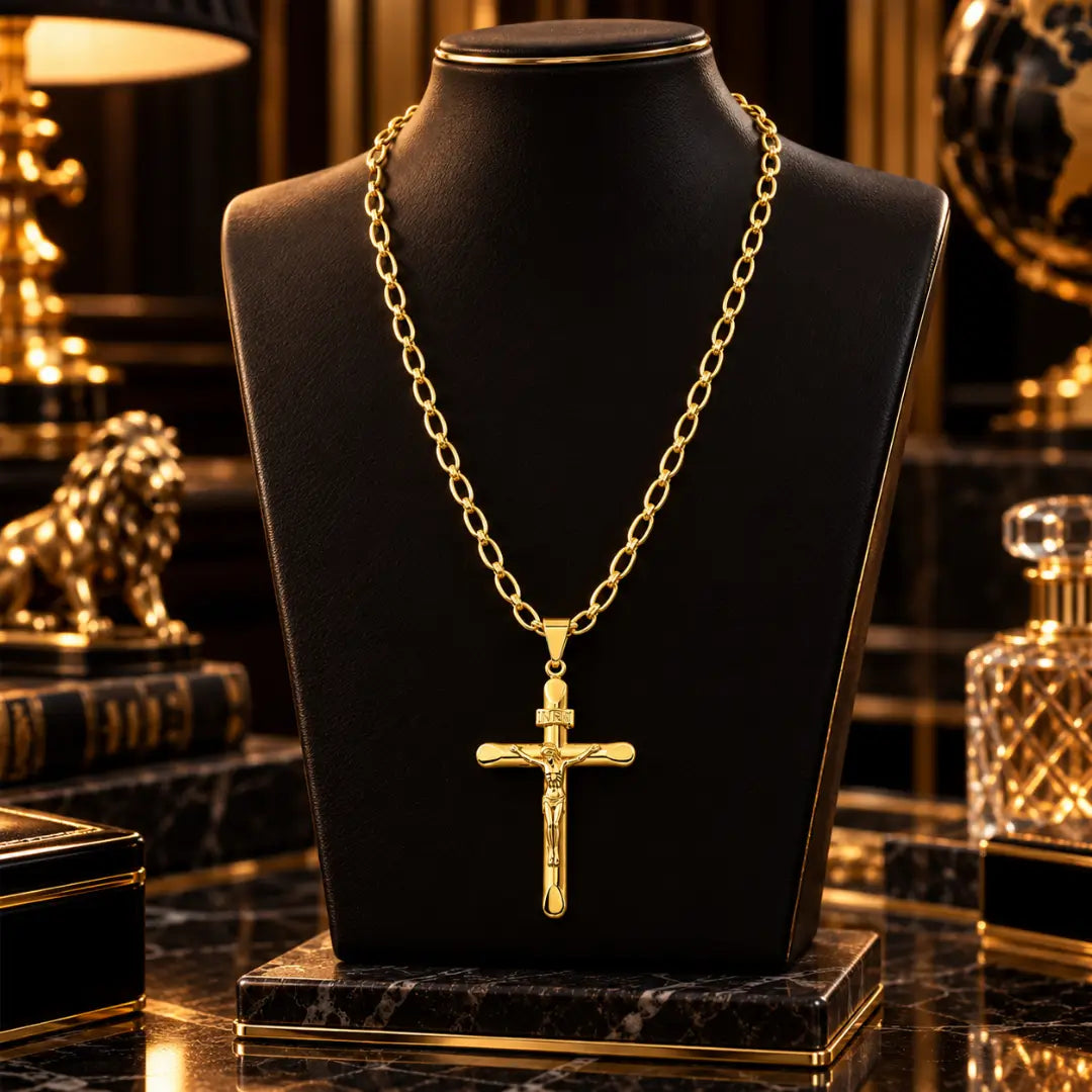 Colar masculino banhado a ouro 18k com corrente grumet longa e pingente de crucifixo com a sigla INRI exibido em um busto expositor preto de joias.
