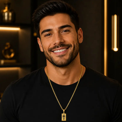 Corrente Piastrini Masculina com Pingente Placa Cruz Banhados a Ouro 18k Correntinha Cordão