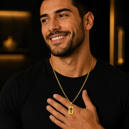 Corrente Piastrini Masculina com Pingente Placa Cruz Banhados a Ouro 18k Correntinha Cordão