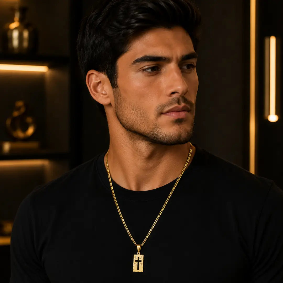 Corrente Piastrini Masculina com Pingente Placa Cruz Banhados a Ouro 18k Correntinha Cordão