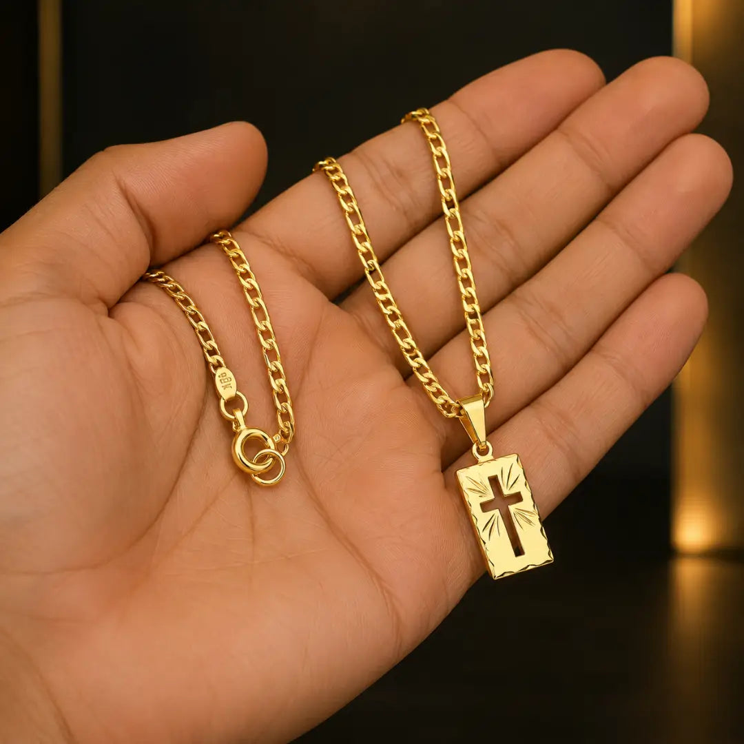 Corrente Piastrini Masculina com Pingente Placa Cruz Banhados a Ouro 18k Correntinha Cordão