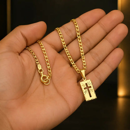 Corrente Piastrini Masculina com Pingente Placa Cruz Banhados a Ouro 18k Correntinha Cordão