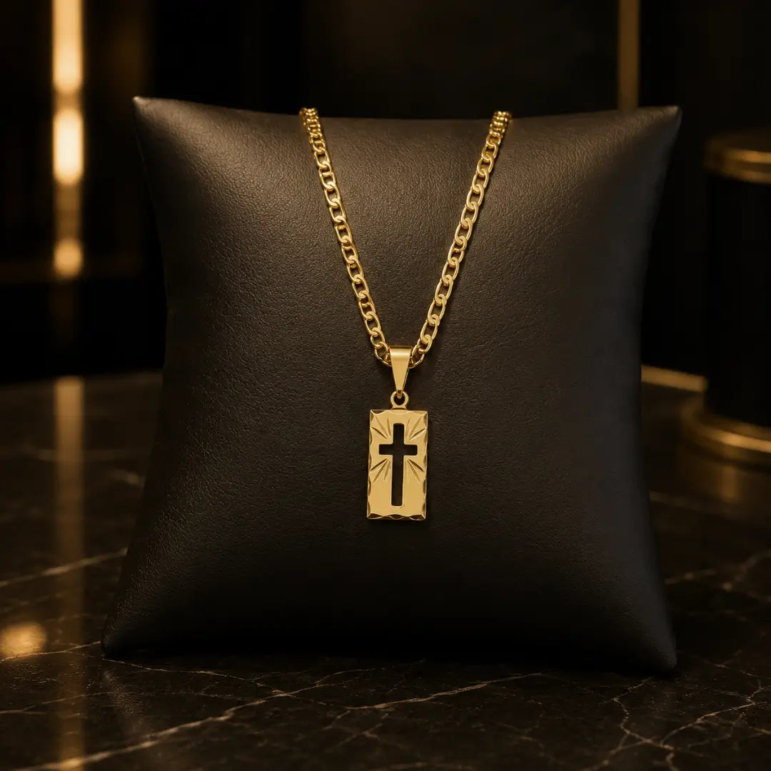 Corrente Piastrini Masculina com Pingente Placa Cruz Banhados a Ouro 18k Correntinha Cordão