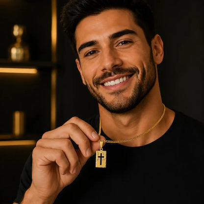 Corrente Piastrini Masculina com Pingente Placa Cruz Banhados a Ouro 18k Correntinha Cordão