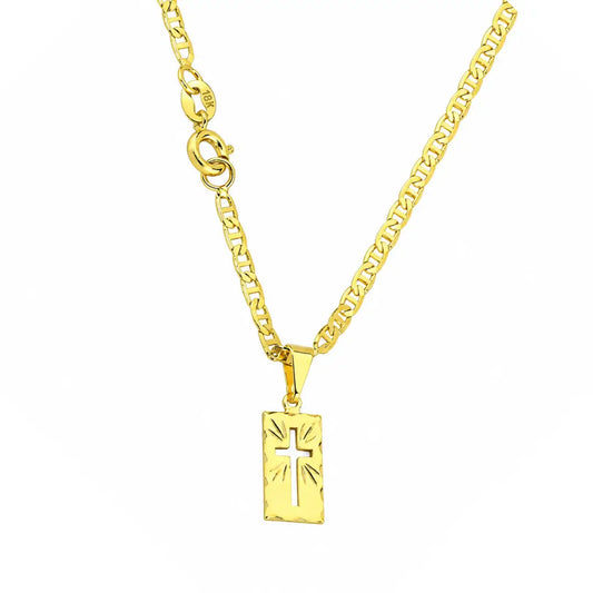 Corrente Piastrini Masculina com Pingente Placa Cruz Banhados a Ouro 18k Correntinha Cordão