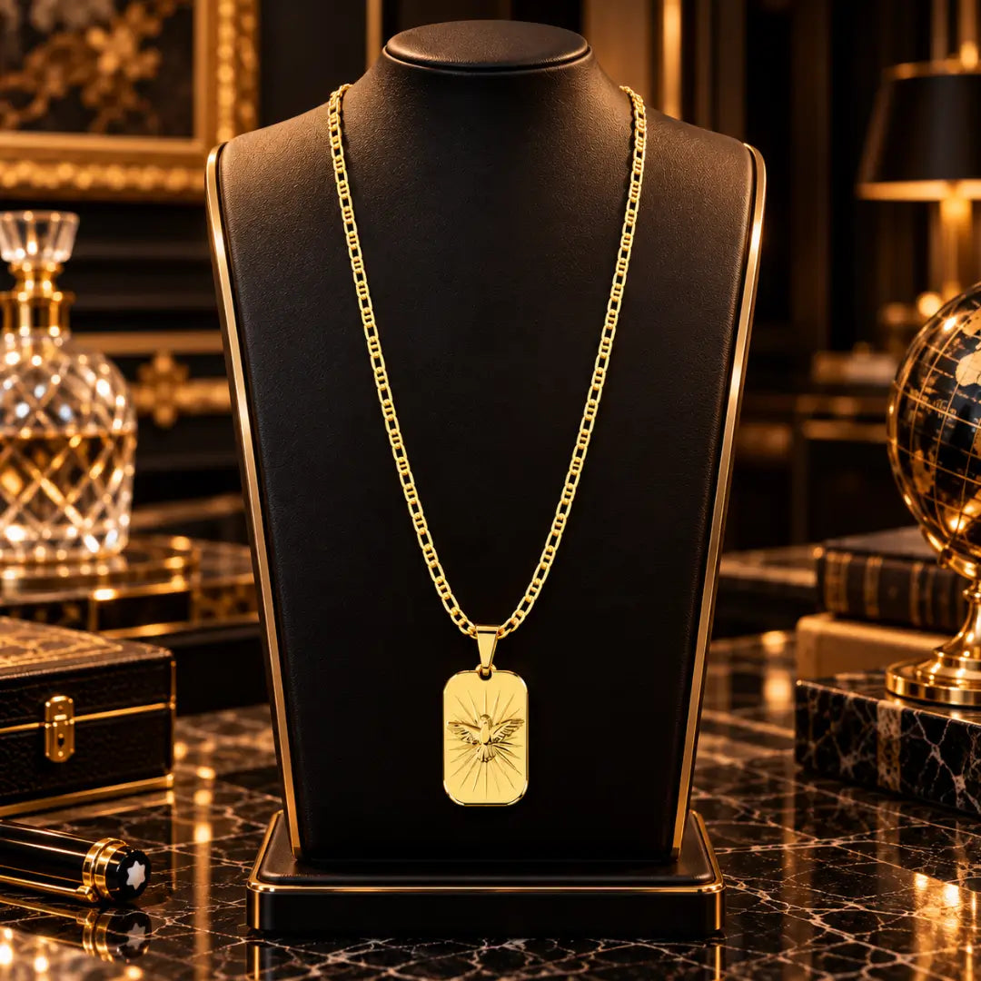 Colar masculino banhado a ouro 18k com corrente piastrini e pingente medalha retangular do Espírito Santo exibido em um busto expositor preto de joias.