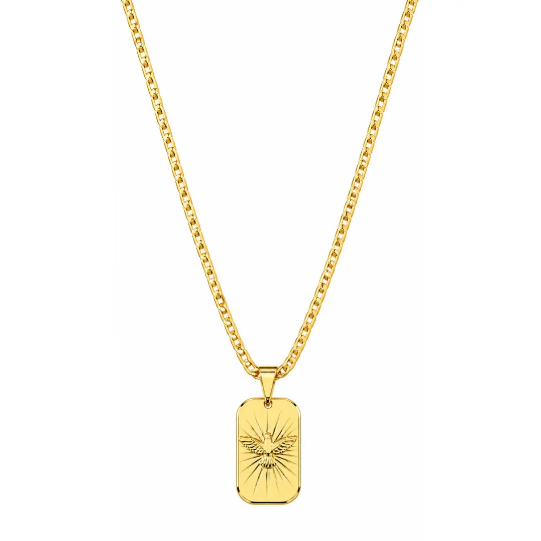 Foto de produto em fundo branco destacando o Colar Masculino Corrente Piastrini Com Pingente Espírito Santo Banhada a Ouro 18k completo.