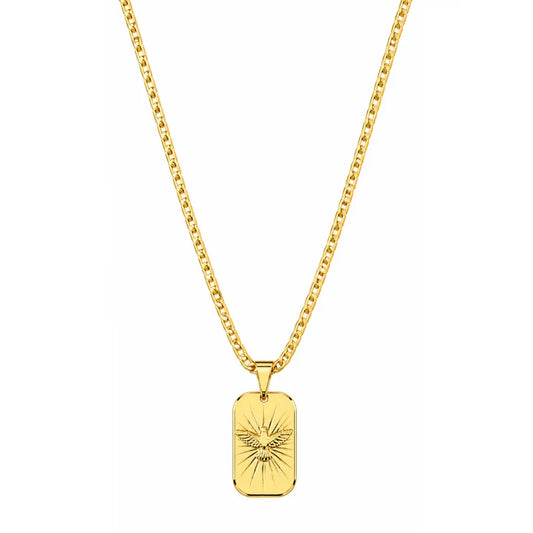 Foto de produto em fundo branco destacando o Colar Masculino Corrente Piastrini Com Pingente Espírito Santo Banhada a Ouro 18k completo.