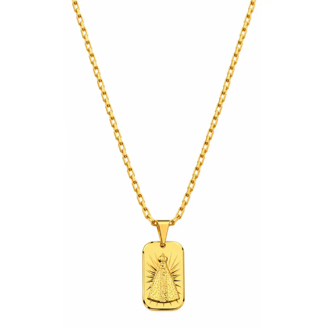 Foto de produto em fundo branco destacando o Colar Masculino Corrente Tijolinho Com Pingente Nossa Senhora Banhada a Ouro 18k completo.