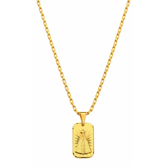 Foto de produto em fundo branco destacando o Colar Masculino Corrente Tijolinho Com Pingente Nossa Senhora Banhada a Ouro 18k completo.
