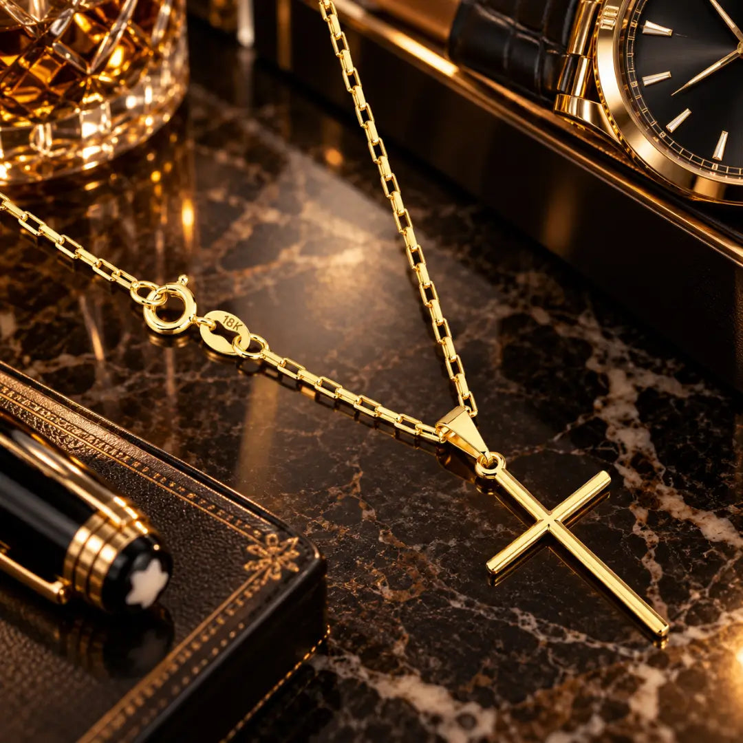 Corrente Cartier Tijolinho com pingente Cruz Palito dourado
