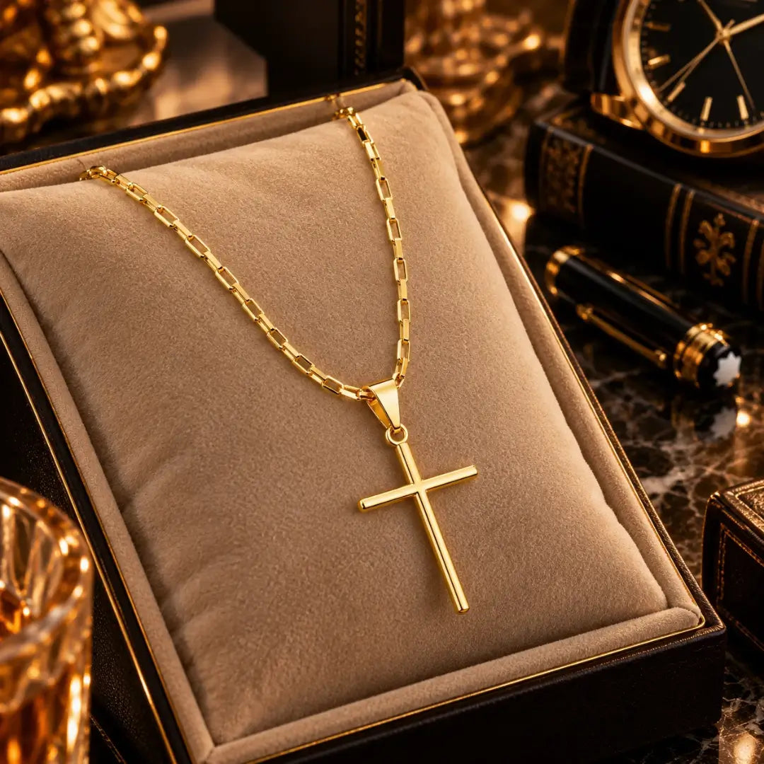 Colar masculino Cruz Palito com almofada de veludo preto