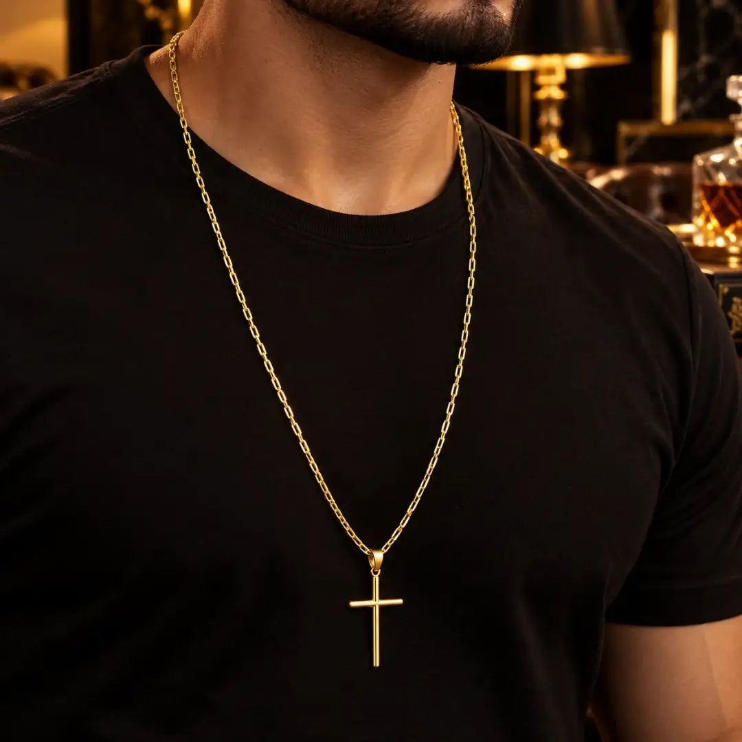 Homem usando colar masculino Cruz Palito banhado a ouro 18K