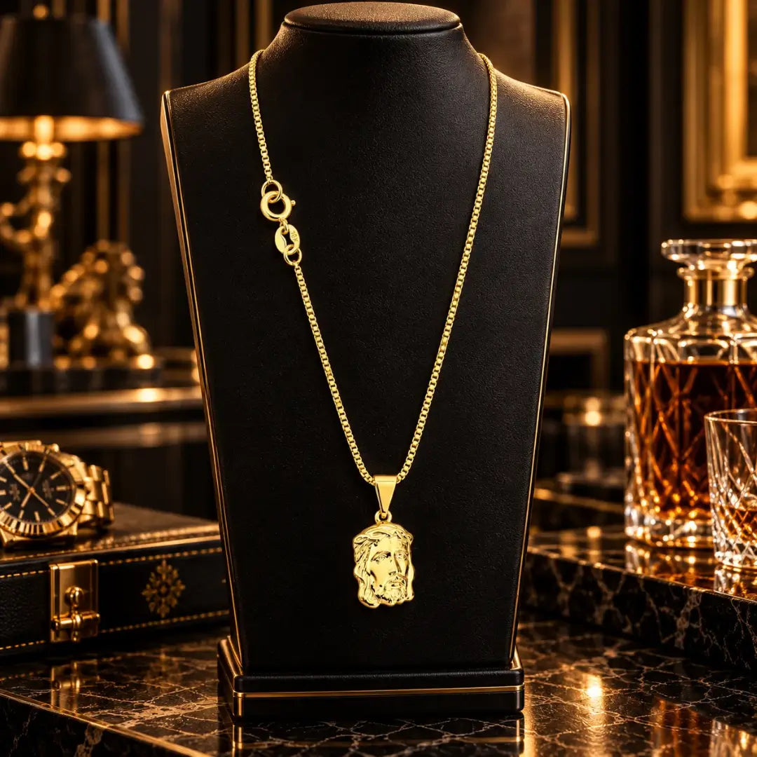 Colar masculino banhado a ouro 18k com corrente veneziana e pingente grande da Face de Cristo exibido em um busto expositor preto de joias.