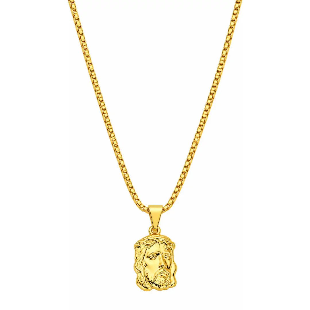 Foto de produto em fundo branco destacando o Colar Masculino Corrente Veneziana Com Pingente Face de Cristo Grande Banhada a Ouro 18k por inteiro.