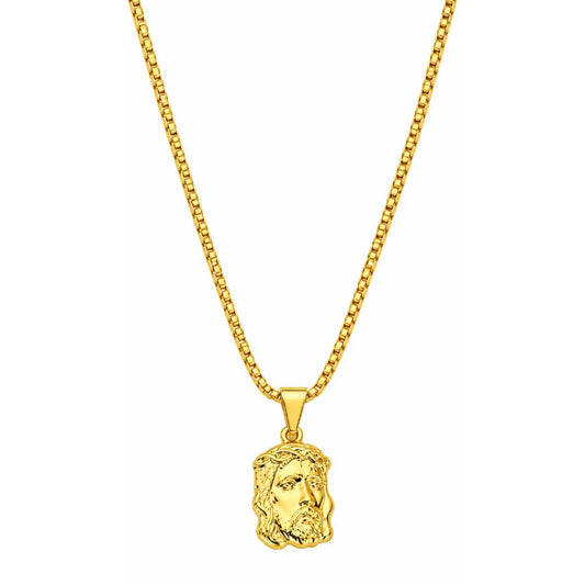 Foto de produto em fundo branco destacando o Colar Masculino Corrente Veneziana Com Pingente Face de Cristo Grande Banhada a Ouro 18k por inteiro.