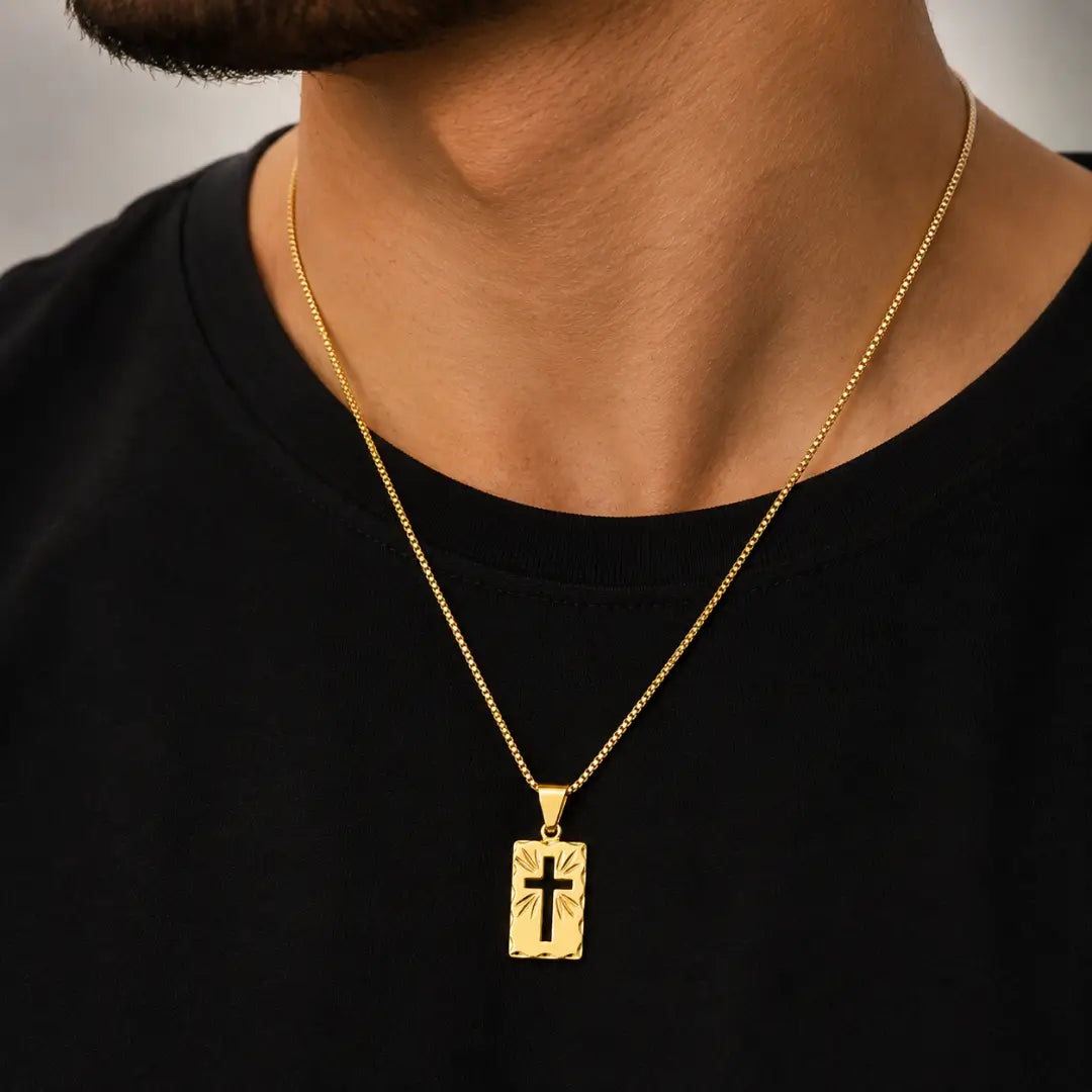 Corrente Veneziana + Pingente Plaquinha Cruz Vazada Banhado a ouro18k Colar Cordão Masculino Folheado