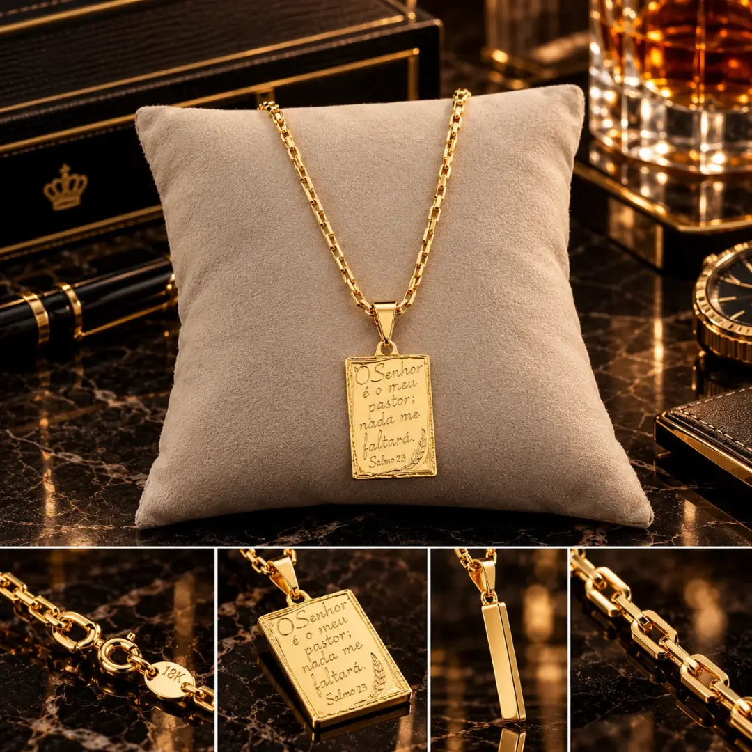 Corrente masculina corrente veneziana banhada a ouro 18K com elos retangulares e fecho redondo com marcação 18K.