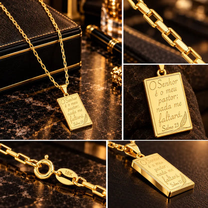 Colar masculino Corrente veneziana com pingente Salmos 23 dourado, detalhes dos elos, gravação religiosa e fecho 18K.