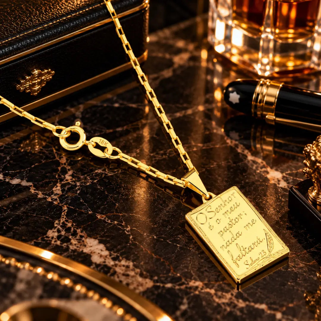 Pingente masculino Salmos 23 banhado a ouro 18K com gravação O Senhor é Meu Pastor e corrente orrente veneziana.