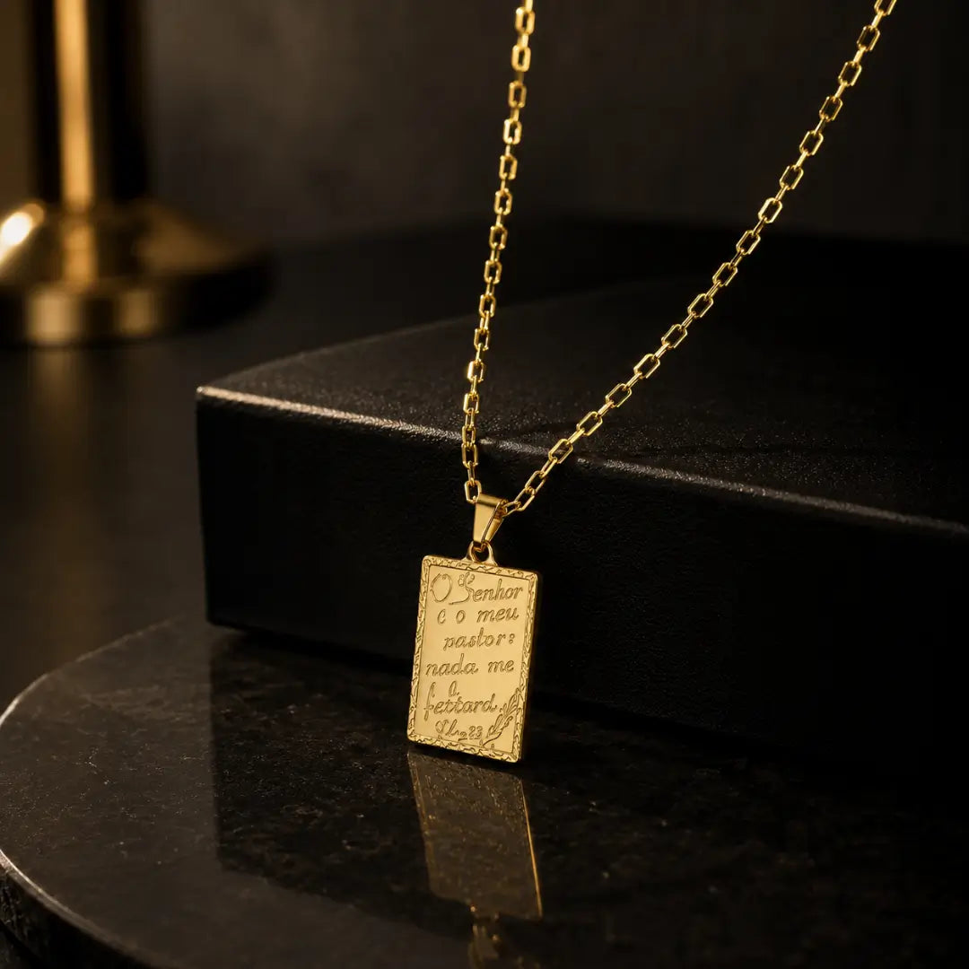Corrente Veneziana Banhada a Ouro 18k + Pingente Plaquinha Quadrado O Senhor é Meu Pastor