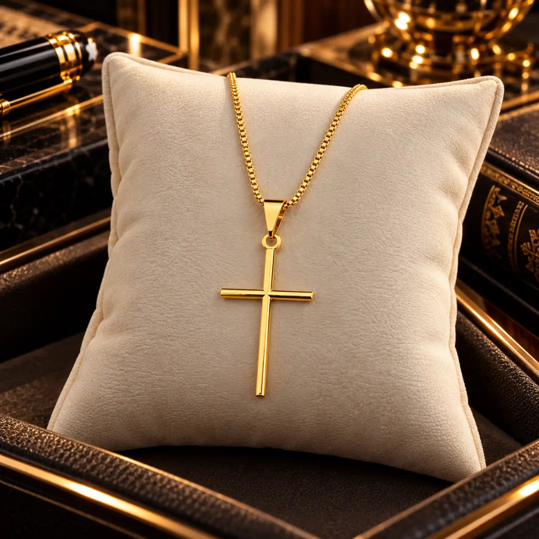 Corrente Veneziana 1mm com pingente Cruz Palito dourado