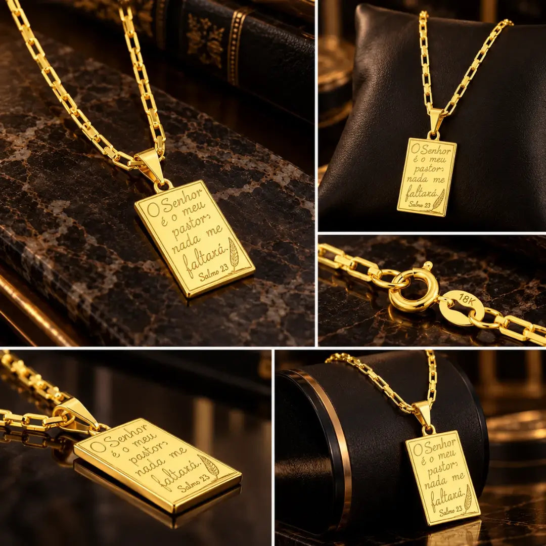 Corrente Cartier Tijolinho com pingente Salmos 23 dourado
