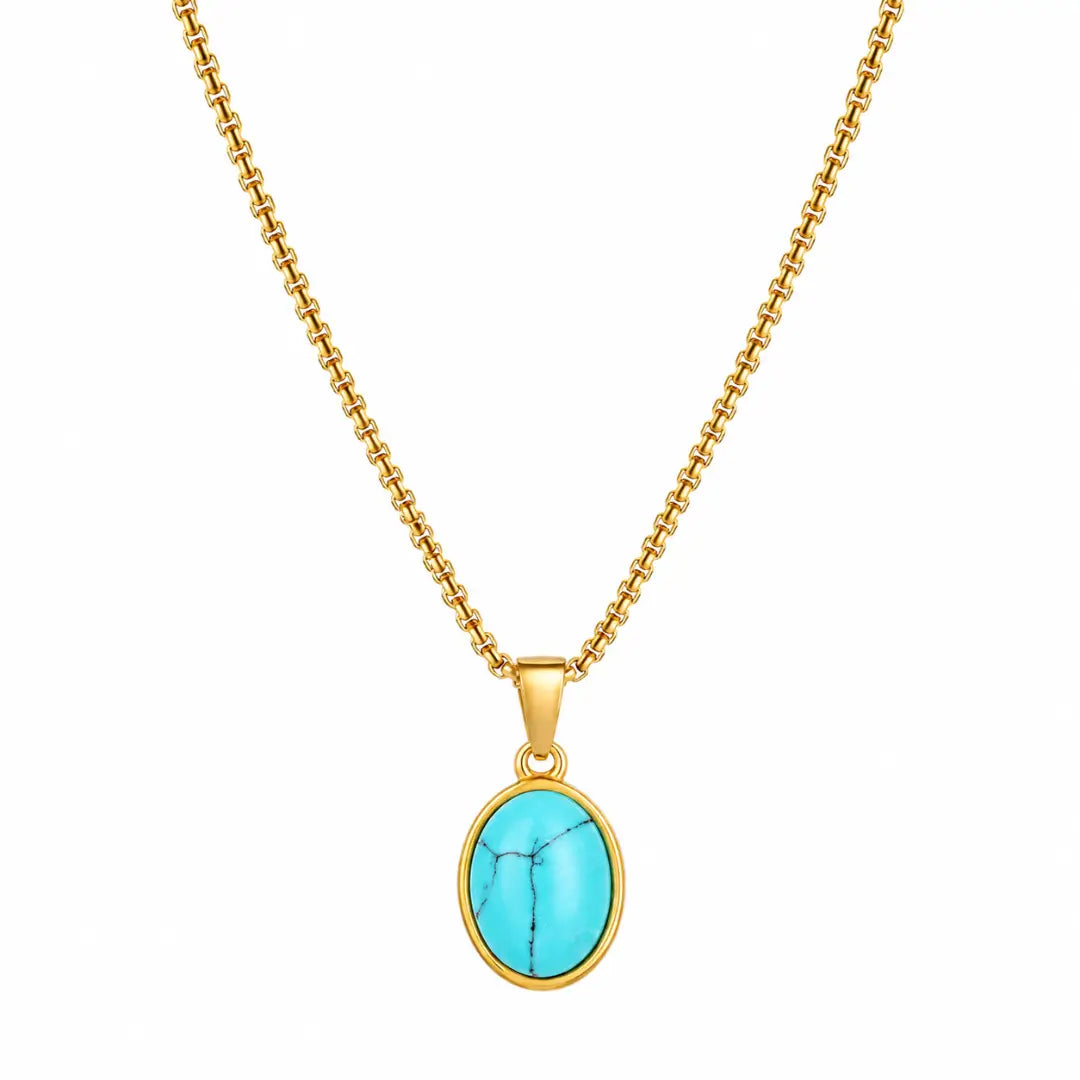Colar masculino dourado com pingente turquesa redondo
