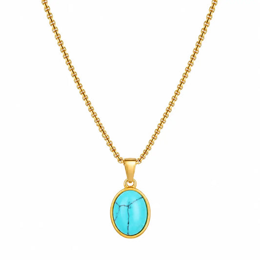 Colar masculino dourado com pingente turquesa redondo