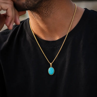 Detalhes do colar masculino dourado de aço inoxidável com pingente turquesa