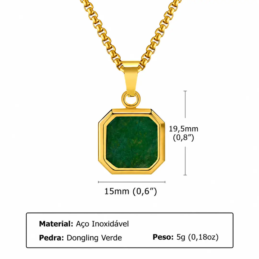 Colar masculino dourado com pingente verde marmorizado medidas