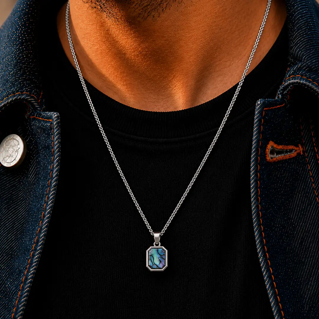 Colar masculino de aço inoxidável prata com pingente Abalone
