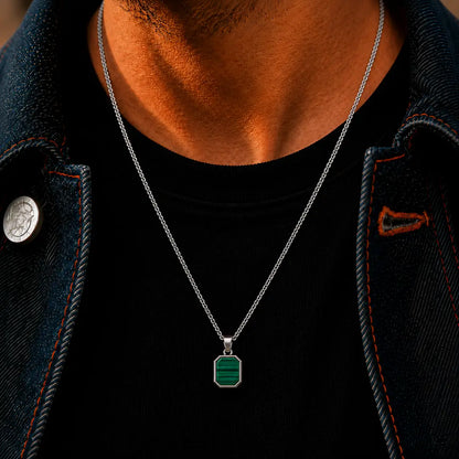 Colar masculino de aço inoxidável prata com pingente Malaquita