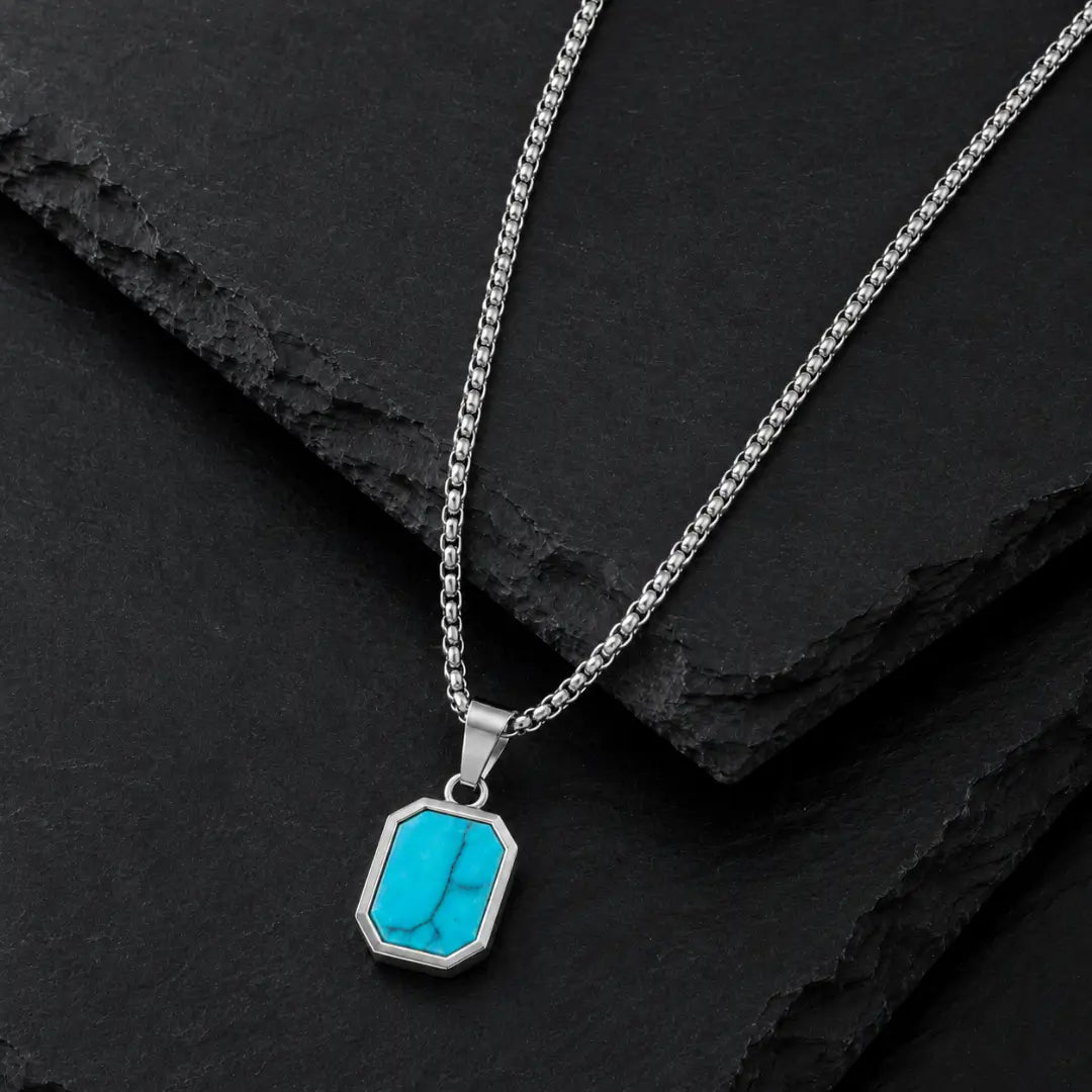 Detalhes do colar masculino prata de aço inoxidável com pingente turquesa