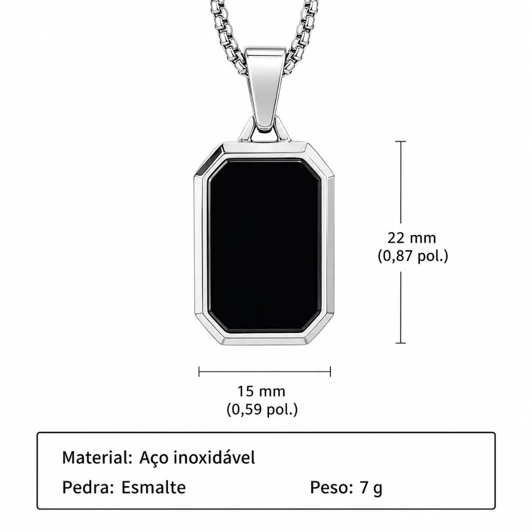 Detalhes do colar masculino prata de aço inoxidável com pingente preto