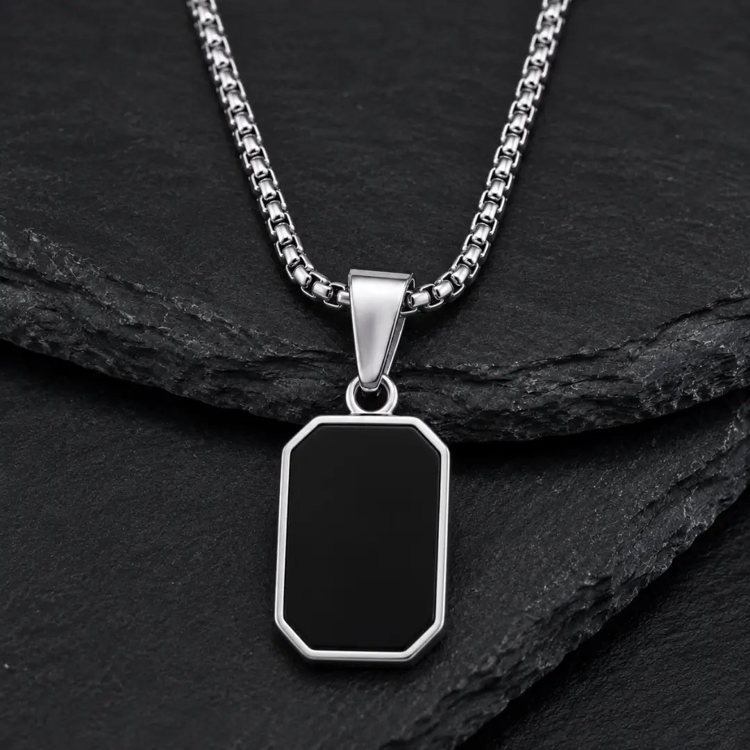 Detalhes do colar masculino prata de aço inoxidável com pingente preto