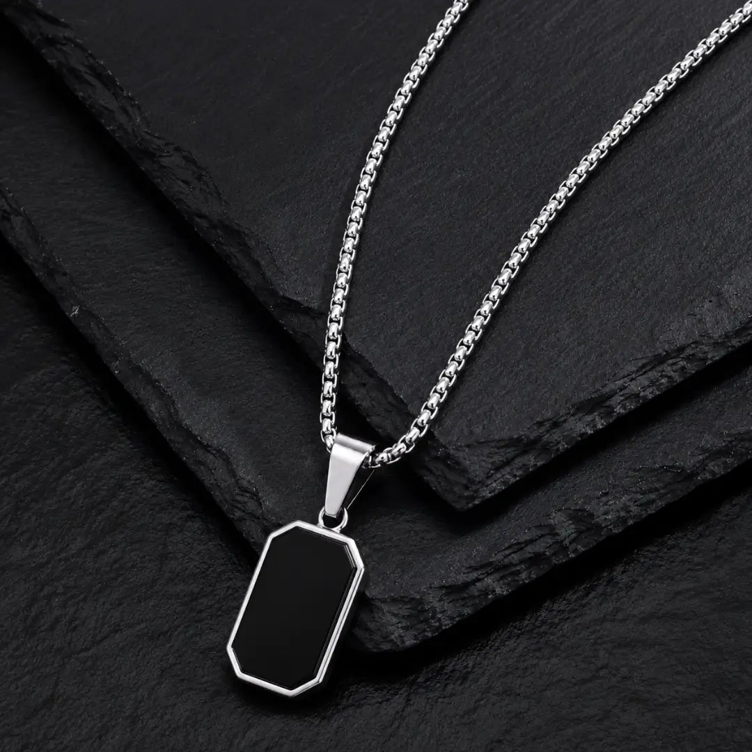 Detalhes do colar masculino prata de aço inoxidável com pingente preto