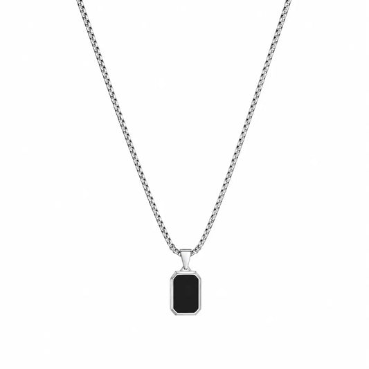 Colar masculino prata com pingente preto quadrado